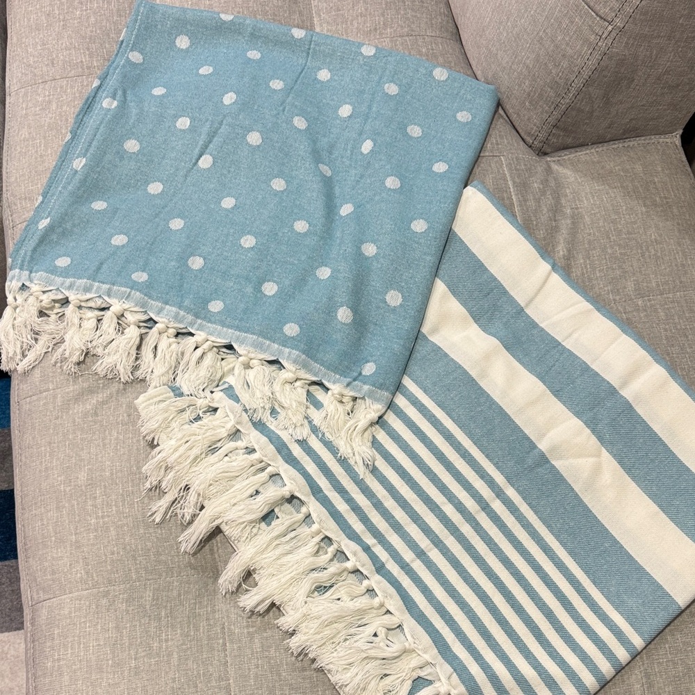 NWOT Set of 2 Blue and White Polka Dot and Striped Throws